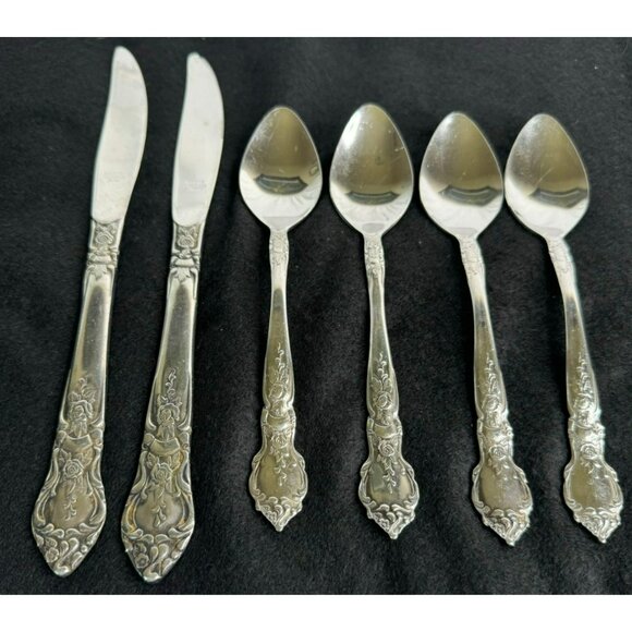 Vintage National Stainless Rose and Leaf Japan Flatware Set 2 Knives 4 Teaspoons - Picture 1 of 12